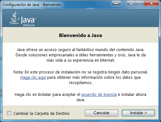 3. Abra el archivo descargado, para comenzar el proceso de actualización. se desplegara la ventana de Configuración de Java Bienvenido, seleccione la opción Instalar.