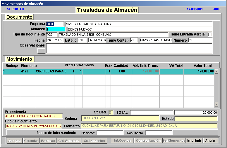 criterios; la tecla de función F6 permite dejar en blanco la pantalla para registrar un nuevo Traslado de Almacén.