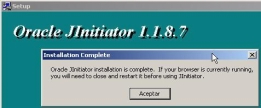 Al concluir la instalación del Componente JavaInitiator, Aparecerá el siguiente cuadro de dialogo, presione el botón Aceptar, para volver a la ventana de programa MS- DOS.