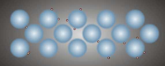 En la figura, las bolas grandes son los cationes del metal, y los puntos móviles entre ellas son los electrones.