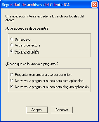 En su primer acceso, aparecerá una ventana como la siguiente para establecer el acceso del cliente ICA al ordenador.