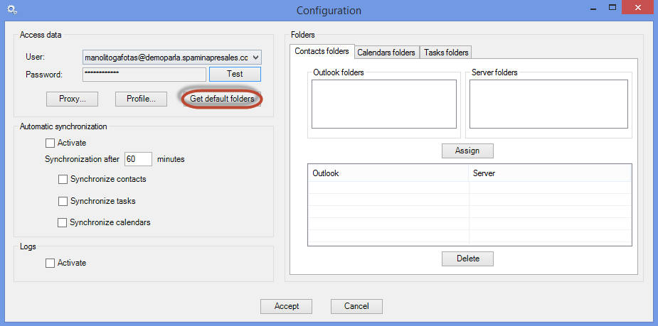 Al realizar esta selección por defecto, se verán en la parte derecha de la configuración las listas de carpetas asociadas en el sistema para sincronizar con el cliente Outlook.
