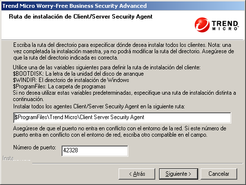 Instalar el servidor 6. Haga clic en Siguiente. Aparecerá la pantalla Ruta de instalación de Client/Server Security Agent. ILUSTRACIÓN 3-21.