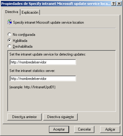 Indicar el nombre del servidor al cual se va a conectar para realizar la actualización.