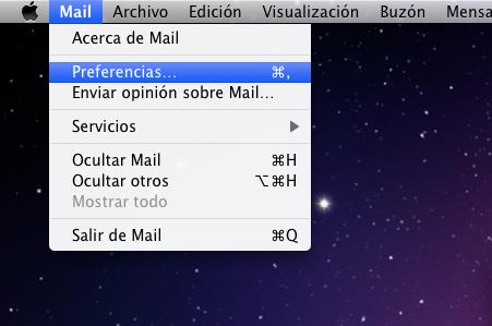 Ajuste de configuración de cuenta y servidor 1. Acceda a la aplicación Mail. 2. Ingrese en la barra superior al menú Mail. 3. Acceda al submenú Preferencias (ver Figura 1). Figura 1 4.