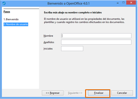 12. La primera vez que se abra OpenOffice, desde el icono de acceso directo que se ha creado en el escritorio, aparecerá el asistente para el registro de