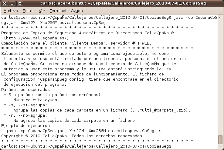 A continuación se muestra una pantalla de ejemplo con el mensaje de ayuda del programa de "Copias de Seguridad Automáticas de Direcciones CalleÇpaÑa".