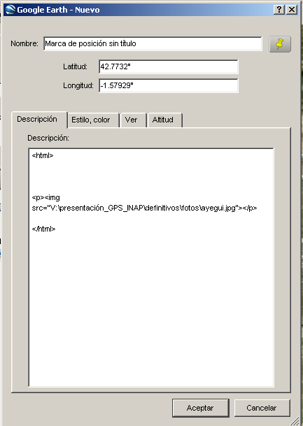 Incorporar documentación gráfica en un KML En la pestaña Descripción de las propiedades del Waypoint es necesario poner el texto que aparece