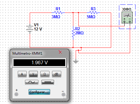 Solución para error de inserción Suposición resistencia interna típica voltímetro 1Mohm El problema que se observa es que el voltímetro pasa a ser otra