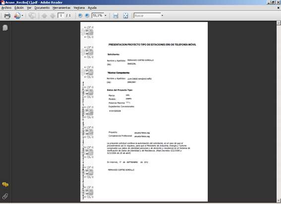 Fig. 22 Datos del fichero PDF con los datos del registro Si la operación se ha realizado con éxito, el sistema devuelve un Acuse de Recibo con el nº de inscripción en el Registro Telemático del