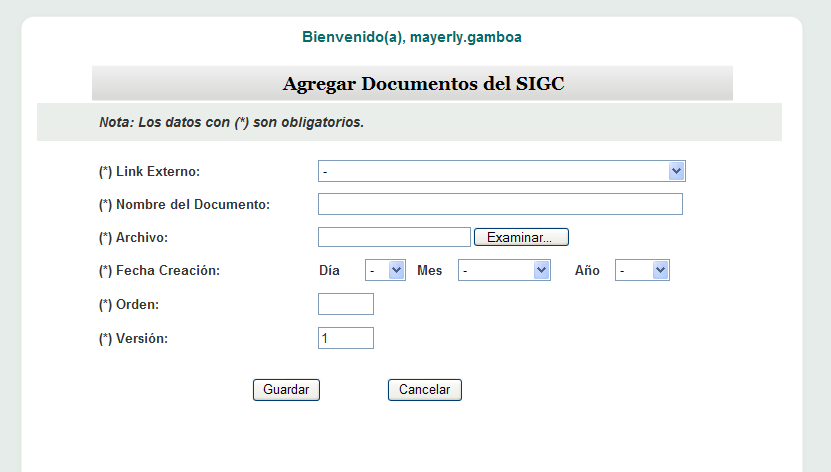 Agregar Documento Para agregar documentos relacionados al SIGC debe dar clic en Agregar Documento y diligenciar la información solicitada por el sistema (Imagen # 065). Imagen # 065 1.