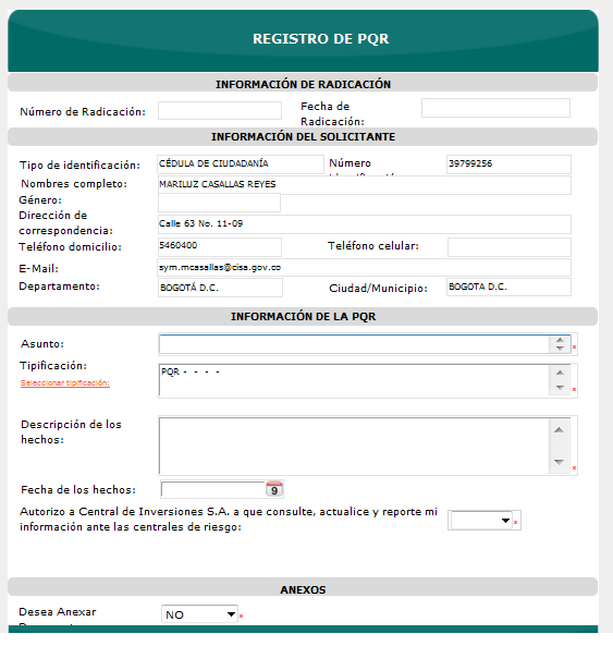 Ingresado a la opción PQR Web, se activa el formulario REGISTRO DE PQR, en el cual se evidencia la informacion del cliente y se ingresa la petición que desea efectuar ante Cisa-Central de Inversiones