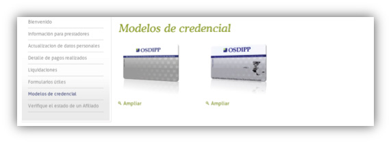 7. Consulta de modelos de credencial Aquí podrá visualizar los modelos de credencial de OSDIPP. Para verlos en un tamaño mayor haga clic en ampliar como indica la imagen. 8.