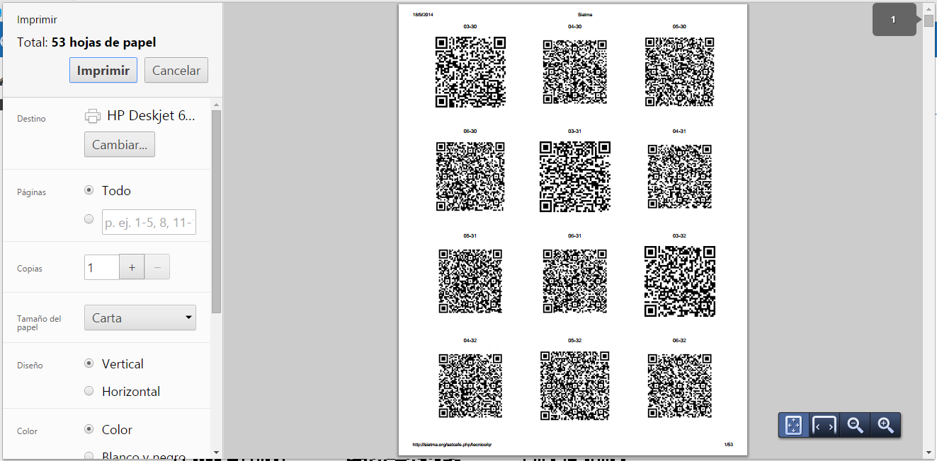 La opción de imprimir los códigos QR generados por el sistema SATCAFE desplegará la siguiente pantalla (figura 43) la