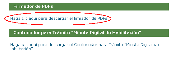 d) Hacer clic en Contenedor para trámite Minuta Digital de Habilitación y Firmador de PDFs