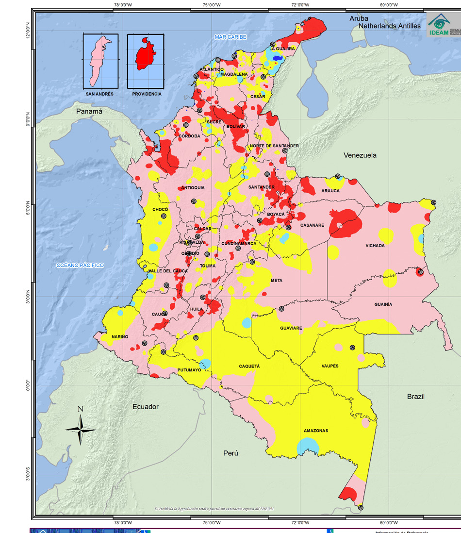 presentaron condiciones muy secas (rojo y naranja). En la región Andina prevalecen las condiciones secas típicas de comienzos de año ligeramente acentuadas, (Mapa 2 ).