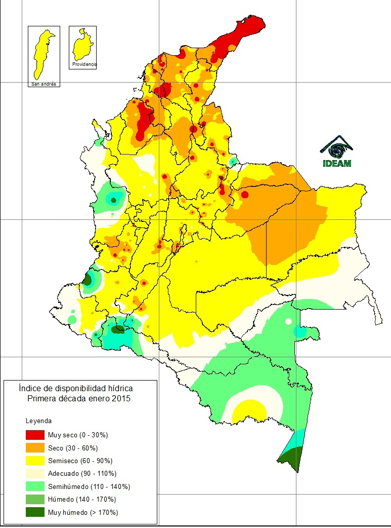 Condiciones actuales de disponibilidad hídrica en Colombia En los primeros diez días del mes de enero de 215, se presentaron en general condiciones secas en gran parte del país, particularmente en la