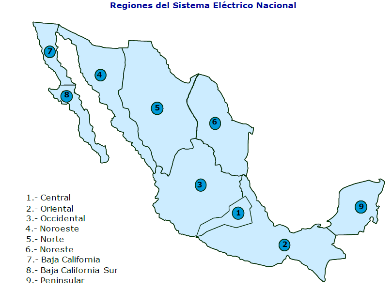 Para gestionar de forma más eficiente el sistema eléctrico nacional el país está dividido en 9 regiones que se muestran en la siguiente figura.