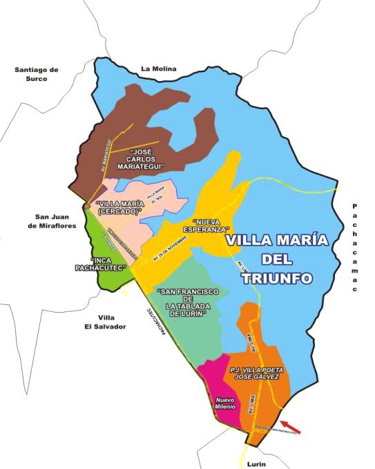 Demarcación territorial de Villa María del Triunfo Dado el proceso histórico de creación y ocupación del territorio del distrito de Villa María del Triunfo, actualmente el distrito ha sido organizado
