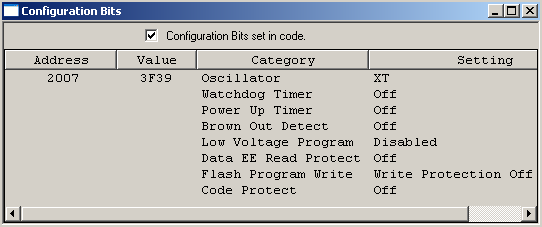 Fig.4.5 Ventana para acceder a la palabra de configuración. En la figura 4.6 se muestra como deben de establecerse los bits para realizar depuración en los MCUs 16F877/A. la Fig.4.6 Palabra de configuración MCU16F877/A.