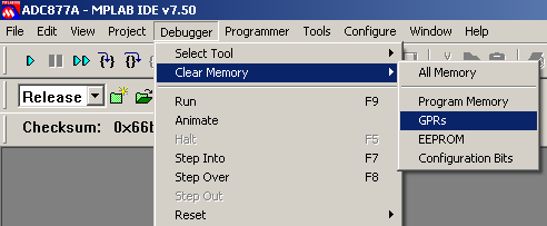 Limpiar los registros de propósito general a utilizar para realizar la depuración de forma correcta, se realiza con Debugger > Clear memory >GPRs, figura 4.