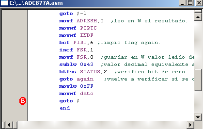 Fig.4.20 Código ADC877A después de un reset. La depuración del código puede realizarse de 3 maneras: 1.