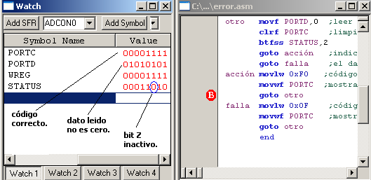 Colocar un breakpoint (Fig.4.28), correr paso a paso, verificar que el bit Z es cero y que el dato en el puerto C es 0xF0, el resultado se muestra en la Fig.4.28. Fig.4.28 Registros después de la depuración paso a paso del código corregido.