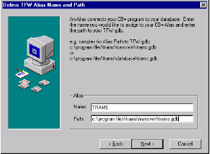 5 Paso Nueve: Ingrese el Alias y la ruta de acceso para su base de datos (trams.ib). Un Alias conecta el programa ClientBase con la base de datos.