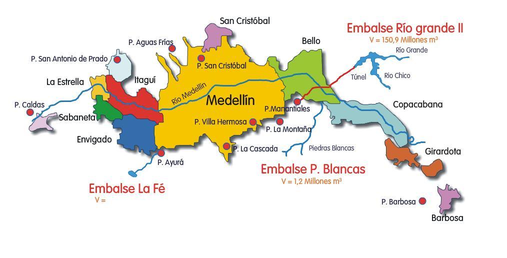 El agua potable llega a 3.7 millones de habitantes del Área Metropolitana de Medellín. El sistema se surte de tres grandes fuentes o embalses y 11 plantas potabilizadoras 4.