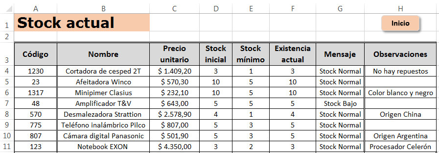 Cargar datos en la hoja Stock : Las siguientes ilustraciones muestran los datos de stock a cargar.