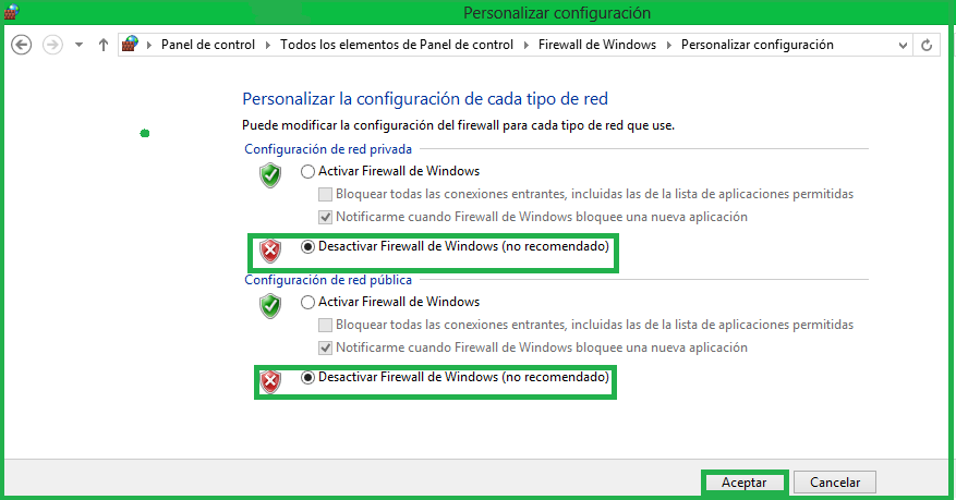 seleccionando la opción desactivar firewall de windows, como lo muestra la imagen.