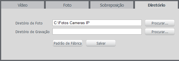 Campo texto Diretório Configuração do local para salvar fotos e vídeos capturados manualmente, através das funções da câmera do item 5.2.