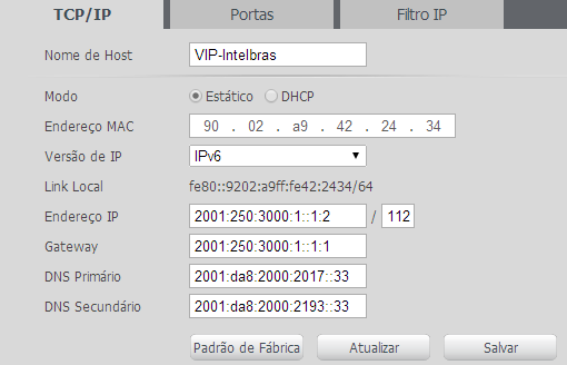 TCP/IP Nesta guia são realizadas configurações de IP na câmera. TCP/IP versão 4 Nome de host: define um nome para o dispositivo.