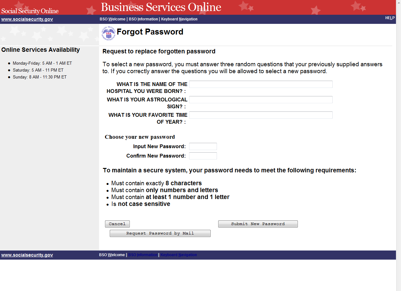PASO 4: La página titulada «Forgot Password» (Olvidó la contraseña) le dá la opción de ingresar y someter por Internet una nueva contraseña o de pedir una contraseña provisional por correo.