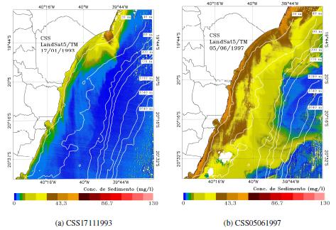 (a) (b) (c) Figura 2 - TSM del MODIS usando el SEADAS sobre la Bahía de Espíritu Santo (a) y la dispersión de TSM de modis y Landsat (b), (Texeira, 2011).