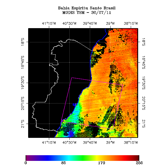 III. RESULTADOS En la Figura 2 se muestran la Temperatura de la Superficie del Mar del sensor MODIS usando el software SEADAS sobre la Bahía de Espíritu Santo en Brasil (a) y el grafico de dispersión