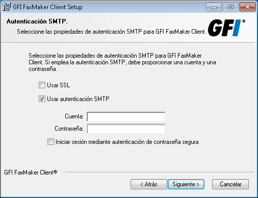Captura de pantalla 5: Autenticación del servidor de correo 7. Si el servidor de correo requiere autenticación, configure las siguientes opciones y haga clic en Siguiente.