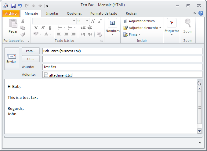 Captura de pantalla 8: Envío de faxes desde Microsoft Outlook Notas importantes: 1. Este método de transmisión convierte los faxes al formato de fax (*.fax) en el servidor de GFI FaxMaker.