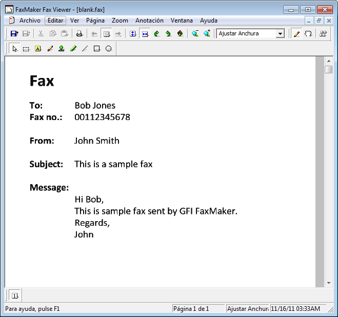 6 El visor de fax de GFI FaxMaker El visor de fax de GFI FaxMaker permite administrar los archivos de fax (extensión *.fax) y ver, editar, imprimir y almacenar faxes.