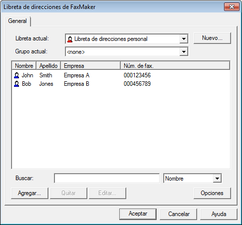 Captura de pantalla 13: La libreta de direcciones de GFI FaxMaker La libreta de direcciones de GFI FaxMaker contiene: Libretas de direcciones: almacén de contactos y grupos.