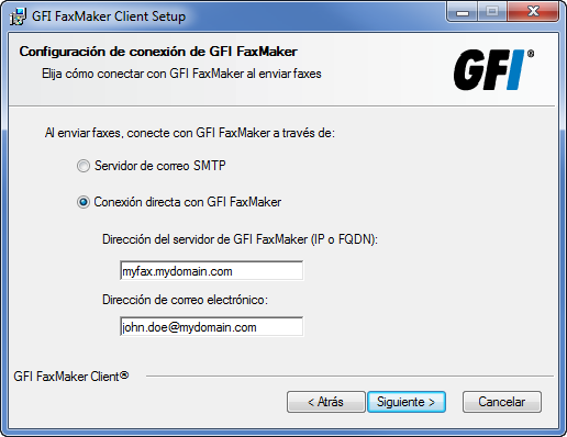 Captura de pantalla 3: Conexión con GFI FaxMaker 5. Al instalar el formulario de mensaje de fax de GFI FaxMaker, elija cómo conectar con GFI FaxMaker.