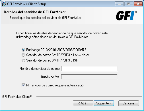 Captura de pantalla 4: Especificación del servidor de correo 6. Cuando se conecte a GFI FaxMaker mediante correo electrónico, configure los detalles del servidor de correo.