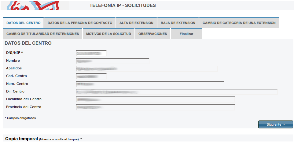 Formulario TELEFONÍA IP SOLICITUDES Como se observa en la captura de pantalla de la página siguiente, además de datos generales, entre las pestañas de selección disponibles en el formulario, se