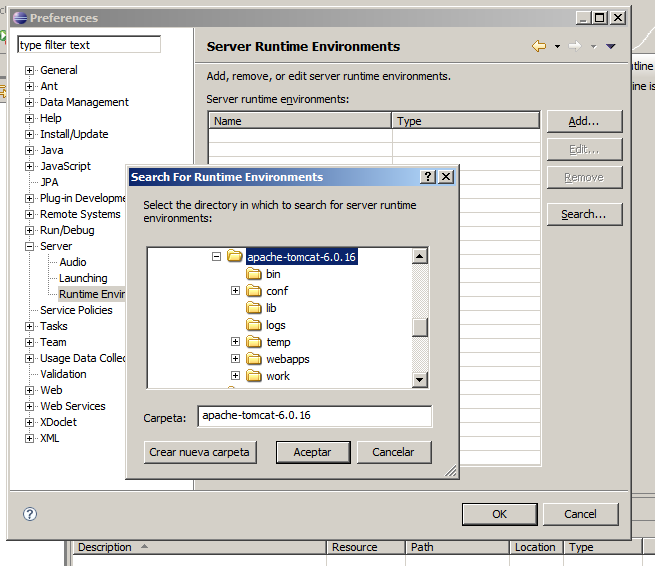 TOMCAT: Dentro de la opción SERVER, seleccionaremos como Runtime Environment el directorio donde