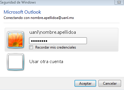 Abra Outlook, Seleccione el Perfil que va a utilizar (esta ventana aparecerá si dejo activada la opción anterior Solicitar un Perfil ). Si no fue así, le pedirá directamente su usuario y contraseña.