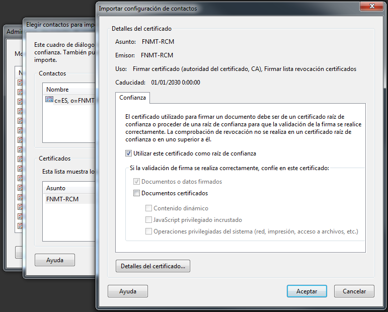 Identidades de confianza-1 Aplicaciones desarrolladas Firmar documentos Adobe (PDF) Adobe usa el almacén de certificados del Explorer, por tanto, se debe tener instalado el certificado de la AC