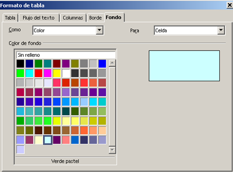 Como fondo de la tabla se puede seleccionar un determinado color (o bien para una celda o columna o fila determinada) Otros atributos de la tabla se pueden modificar con el