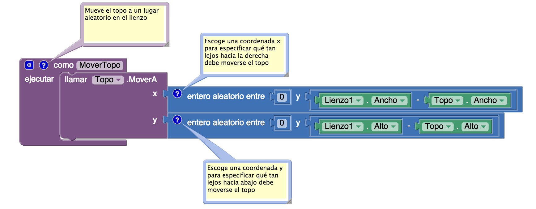 3. tutorial: atrapa el topo Figura 3.5: El procedimiento MoverTopo, que pone el Topo en una ubicación aleatoria. Para crear el procedimiento MoverTopo: 1.