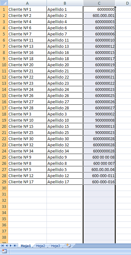 Se puede observar que algunos números contienen separadores (puntos, guiones, ).