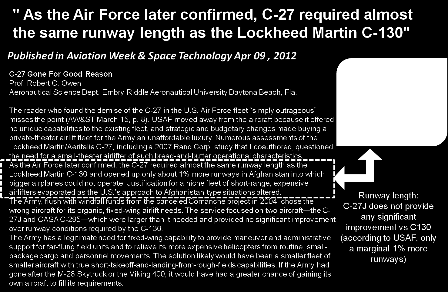 4. Abril 2012 El C-27J necesita la misma longitud de pista que el C-130 (USAF) Publicado en la Revista Aviation Week del 9 de Abril de 2012 Como la Fuerza Aérea confirmo mas tarde, el C-27J